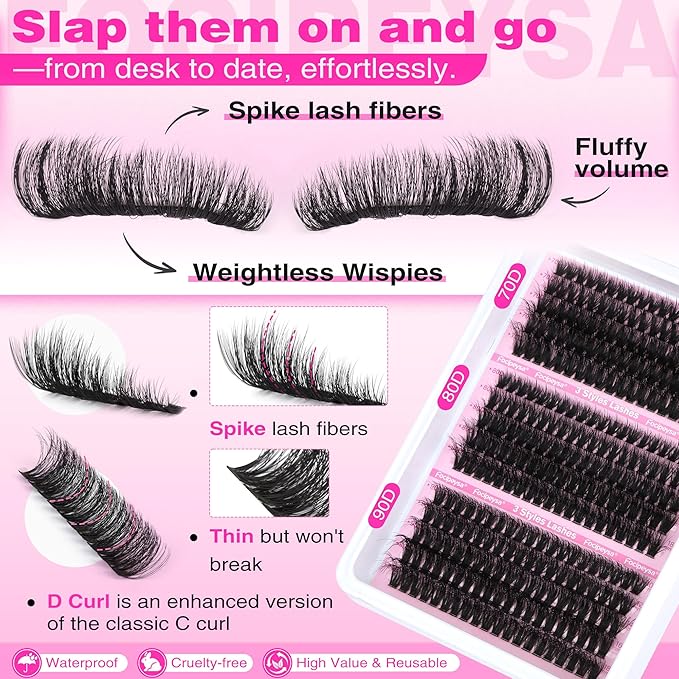 Focipeysa Full Volume Lash Extension Kit 70D 80D 90D Thick Lash Extension Kit 10-18mm Wispy Lash Clusters Individual Lashes Kit with Lash Bond and Seal for DIY Lash Extension at Home