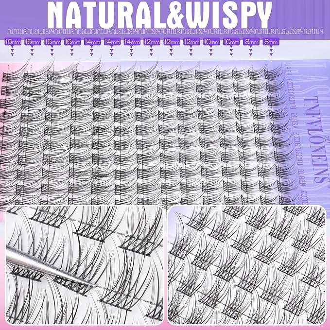 TNFVLONEINS Lash Clusters Kit Natural Eyelash Extension Kit Wispy Lash Extension Kit Soft Cluster Eyelash Extensions Individual Lashes Kit DIY Eyelash Clusters Kit with Bond and Seal and Tweezers