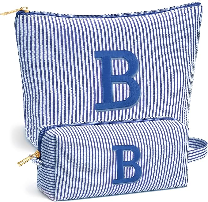 Fohufo Birthday Gifts for Women - Custom Initial Makeup Bag Set, Portable Makeup Pouch Cosmetic Bag with Zipper, Travel Essentials Toiletry Bag Travel Gifts for Women, Blue B