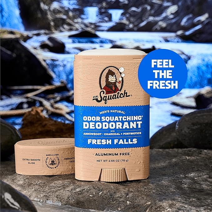 Dr. Squatch Natural Men’s Deodorant – Aluminum Free Natural Deodorant Men with Charcoal & Postbiotics for 72-Hour Odor Protection – Fresh Falls, 2.65oz Stick (3-Pack)