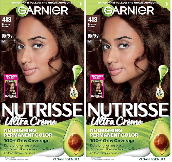 Garnier Hair Color Nutrisse Nourishing Creme, 413 Bronze Brown (Bronze Sugar) Permanent Hair Dye, 1 Count (Packaging May Vary) (Pack of 2)