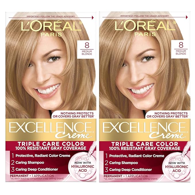 L'Oreal Paris Excellence Crème Permanent Hair Dye, Triple Care Hair Color with Hyaluronic Acid for 100% Gray Coverage, 8 Medium Blonde, 1 Kit (Pack of 2) (Packaging May Vary)