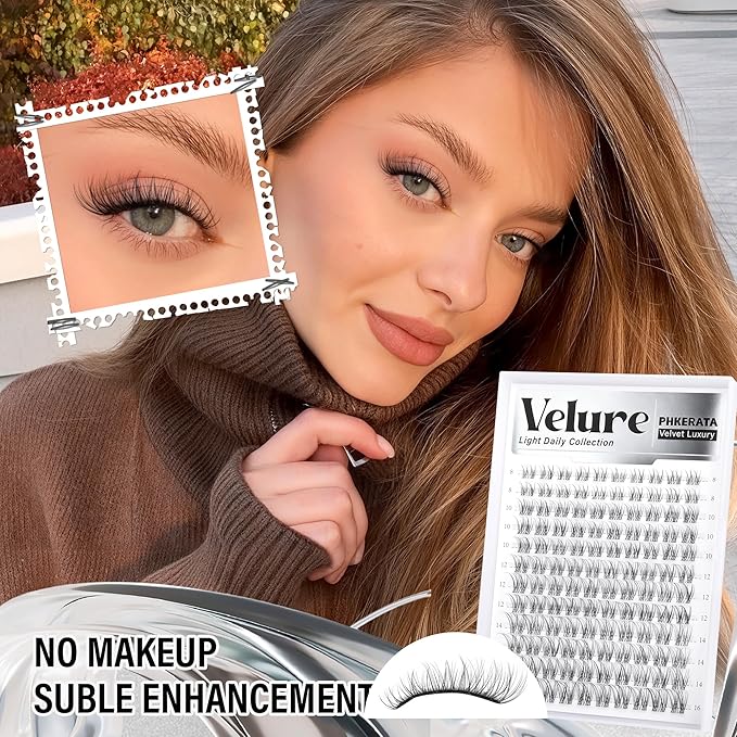 Velure Lash Clusters Kit Natural Eyelash Clusters Wispy Lash Extension Kit Invisible Clear Band Lashes DIY Cluster Eyelash Extensions with Bond and Seal Tweezers, 8-16mm, 120Pcs