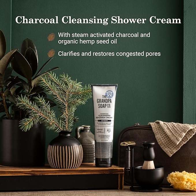 The Grandpa Soap Company Charcoal Cleansing Shower Cream - Clarifies & Restores Congested Pores, With Activated Charcoal & Hemp Seed Oil, Detoxifies, 9.5 Fl Oz, 2 Pack