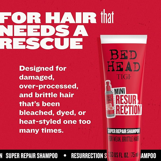 Bed Head by TIGI Resurrection Super Repair Shampoo Travel Mini – Repairing shampoo for dry, brittle and damaged hair with added moisture and nourishment, 2.53 fl oz (Pack of 2)