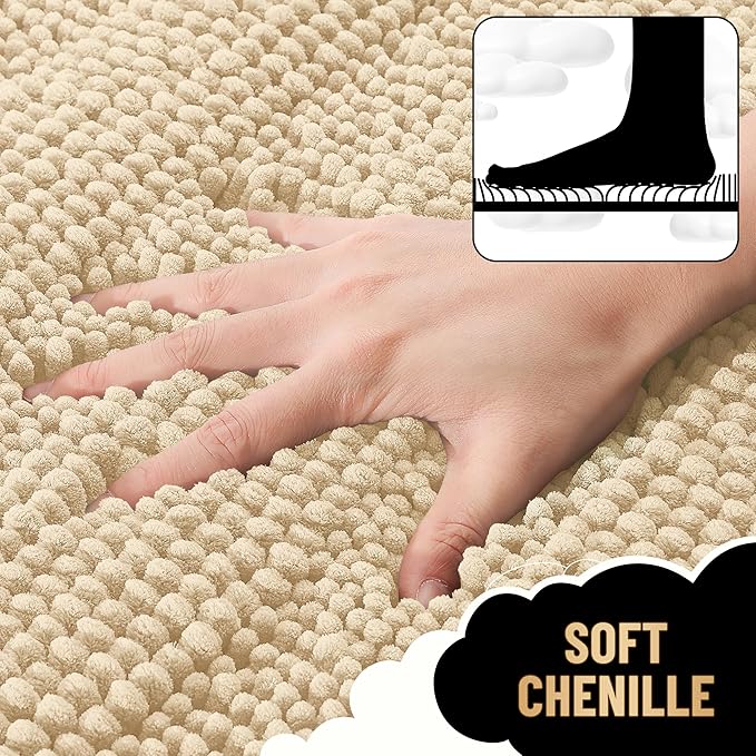 OLANLY Thick Bathroom Rugs 44x24, Extra Soft Absorbent Chenille Striped Bath Rugs, Rubber Backing, Machine Wash Dry, Bath Mats for Bathroom Floor, Tub and Shower, Home Decor Accessories, Beige