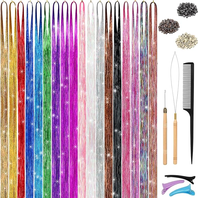 Hair Tinsel Kit, 18 Colors 48 Inches, Fairy Hair Tinsel Hair Extensions Heat Resistant with Tools, Hair Accessories for Women Girls 7200 Strands (Hair Tinsel Kit, 18 Colors)
