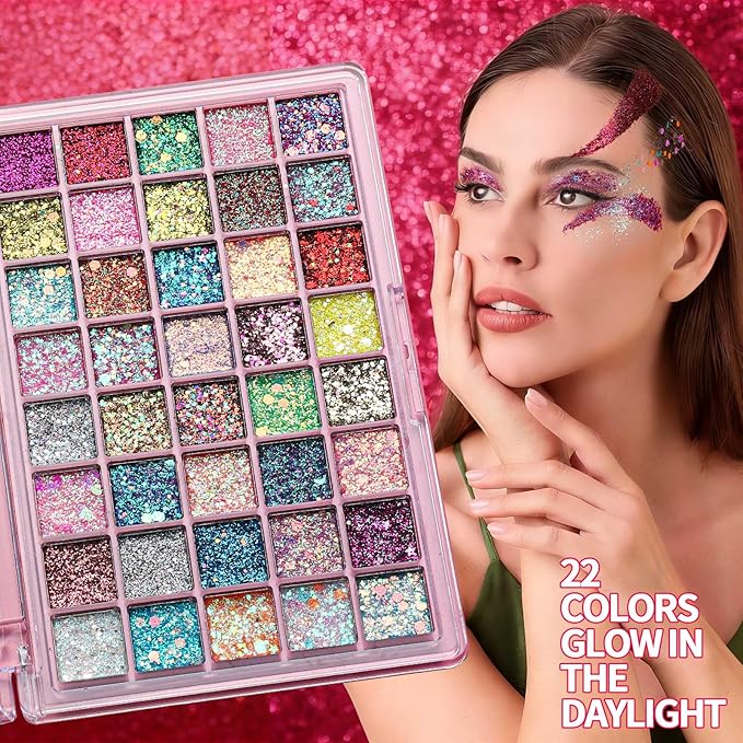 FANDAMEI 40 Colors Face Glitter, 18 Colors Glow in The Dark Glitter&22 Colors Vibrant in Daylight, Body Glitter Hair Glitter Face Glitter for Kids Women for Halloween Rave Festival Party Makeup