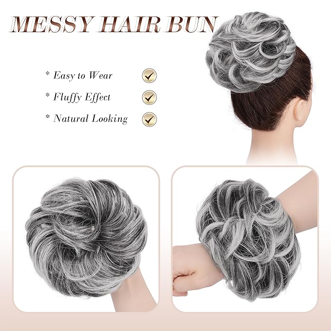 FESHFEN Messy Bun Hair Piece - Wavy Synthetic Chignon Scrunchies for Instant Volume, Elastic Bun Ponytail Hair Extensions Thick Hairpieces for Women, Black with White Tips 1.50 oz