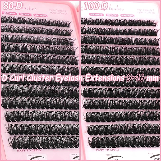 Lash Clusters Kit, Eyelash Clusters Individual Lash Extension Kit 480 Pcs D Curl Fluffy Wispy False Eyelashes Extensions Thin Band with Bond Seal Tweezers Brush Removers (80D+100D KIT9-16mm)