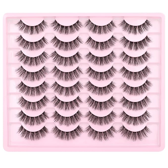 Natural Lashes Wispy Eyelashes Fuzzy Strip Eye Lashes Mink False Eyelashes Volume Fake Eyelashes 16 Pairs Eye Lashes Pack with Clear Lash Band