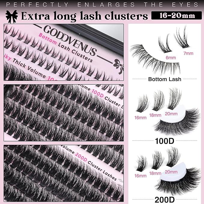 Fluffy Eyelash Clusters Kit Waterproof DIY Lashes Extension Kit Wispy Volume D Curl Cluster Eyelash Extensions Kit Mink Individual Lashes Kits with Bottom Eyelashes (Volume 240pcs D Curl)