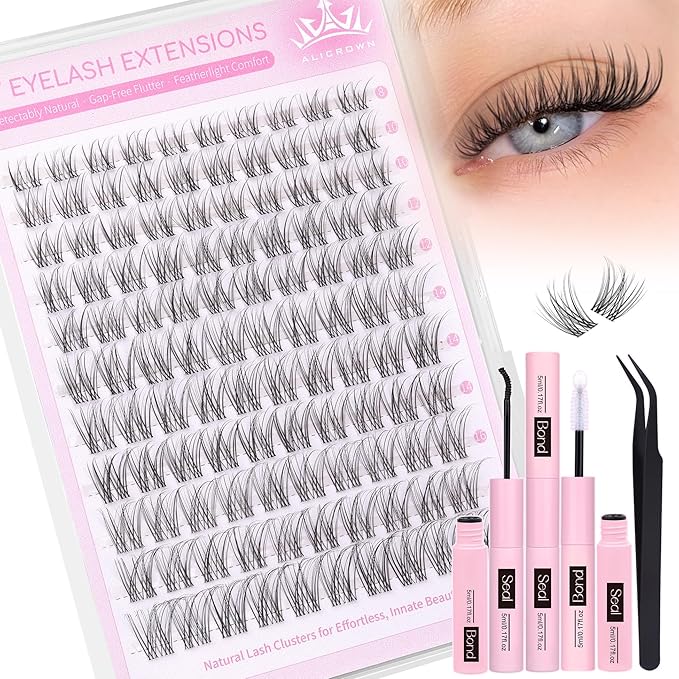 Natural Lash Clusters Kit Wispy Lash Extension Kit Eyelash Clusters with Invisible Band C Curly Cluster Eyelash Extensions Kit with Lash Bond and Seal 8MM-18MM DIY Individual Lashes by ALICROWN