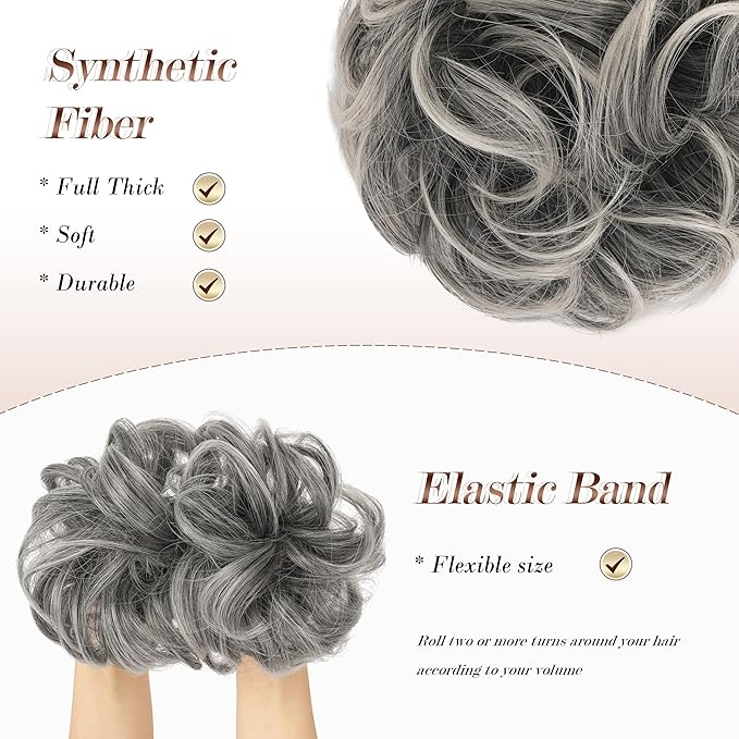 FESHFEN Messy Bun Hair Piece - Wavy Synthetic Chignon Scrunchies for Instant Volume, Elastic Bun Ponytail Hair Extensions Thick Hairpieces for Women, Black Gray and White Tips 1.50 oz