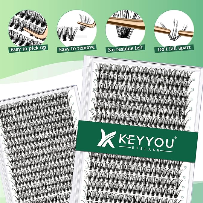 Lash Clusters 300pcs Individual Lashes 30D 0.07D Curl 15mm DIY Eyelash Extension KEYYOU Large Tray Volume Soft&Natural Cluster Lashes(30D-0.07D,15）