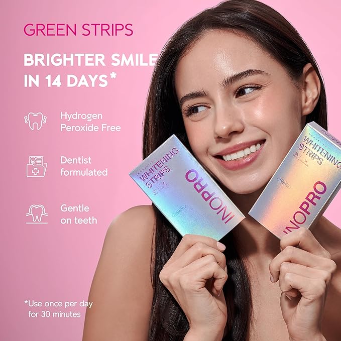 InoPro Teeth Whitening Strips 14 Treatments Kit - Enamel Safe Teeth Whitener, Peroxide-Free, Green White Strips for Teeth Whitening with Arbutin, Coconut Oil, Deep Stains Removal (28 Strips)