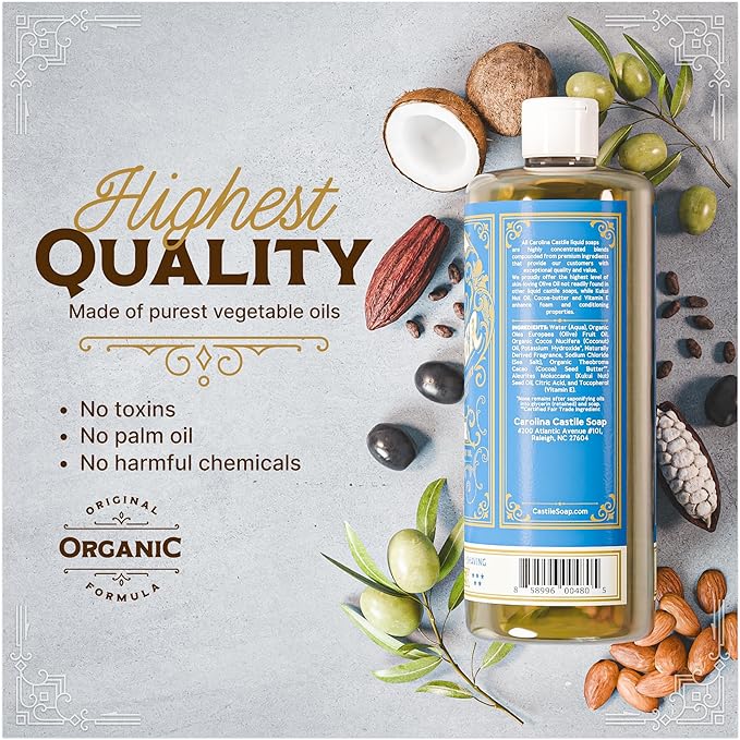 Carolina Castile Soap Gin & Juniper Scented – Certified Organic Base, High Olive Oil Content, Non-Drying, Made with Organic Oils, Concentrated Body Wash for Men (Gin & Juniper, 32 Fl Oz)