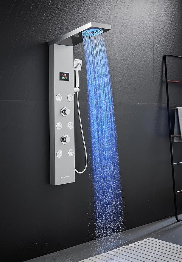 TSIBOMU Stainless Steel Shower Panel Tower System with LED lights(No battery need), Hydroelectric LED Rainfall Shower Tower System with 6 Pcs Body Jets, Brushed Nickel