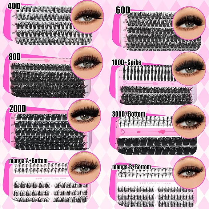 8 Styles Mix Lashes Clusters Kit 4 Box Cluster Lash Book Kit with Bond&Seal 1888Pcs 100D/200D/300D Volume Manga Eyelash Extension with Spikys/Bottom lash Kit for Beginners DIY at Home Easily