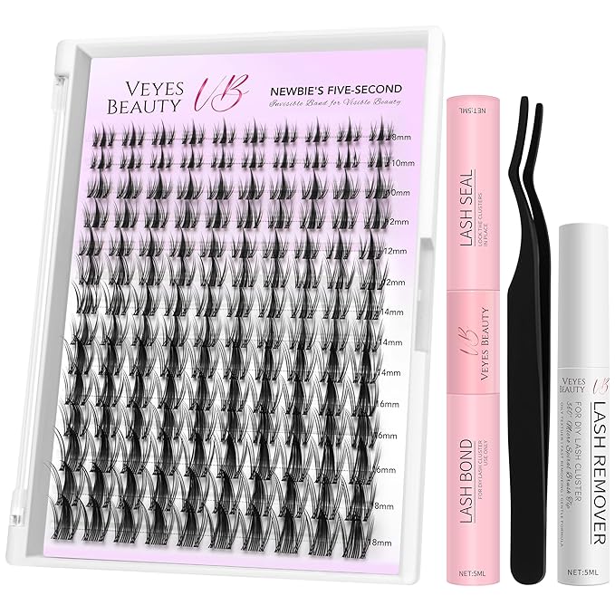 VEYESBEAUTY Manga Lash Clusters Kit Eyelash Extensions Thin & Invisible Band DIY Individual False Eyelashes Newbie's Five-Second Series Wispy Lash Tray Kit, with Bond&Seal Remover Applicator