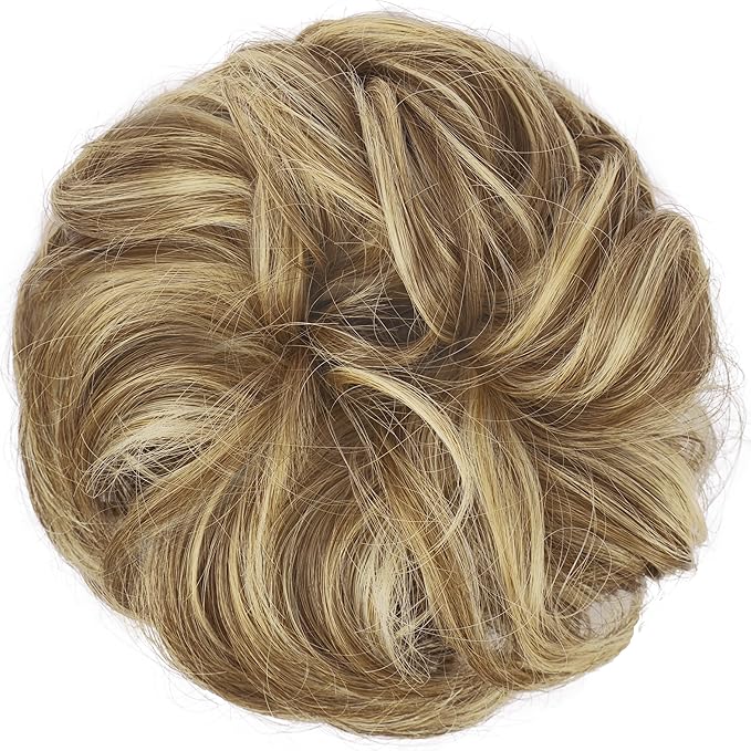 FESHFEN Messy Bun Hair Piece - Wavy Synthetic Chignon Scrunchies for Instant Volume, Elastic Bun Ponytail Hair Extensions Thick Hairpieces for Women, Sand 1.50 oz