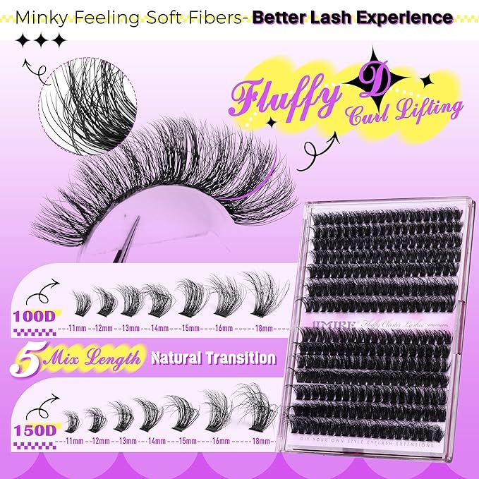 Lash Clusters Thick Mink Eyelash Clusters 280Pcs Volume Cluster Eyelash Extensions 11-18MM Fluffy Lash Extension D Curl Individual Lashes 100D+120D Cluster Lashes DIY at Home for Beginners by JIMIRE