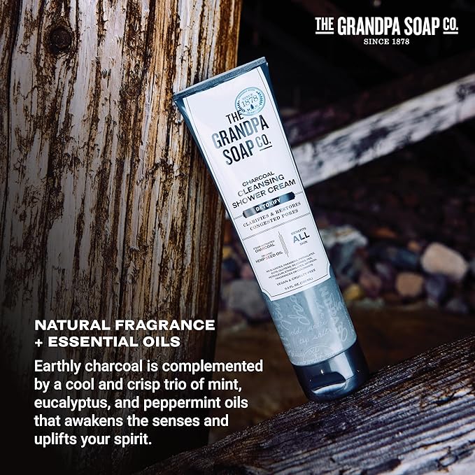 The Grandpa Soap Company Charcoal Cleansing Shower Cream - Clarifies & Restores Congested Pores, With Activated Charcoal & Hemp Seed Oil, Detoxifies, 9.5 Fl Oz, 2 Pack