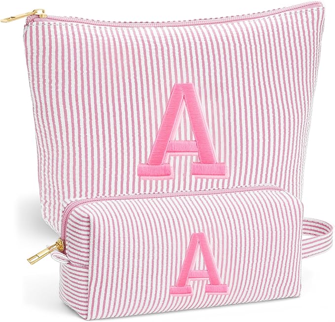 Fohufo Christmas Gifts 2025 for Girls - Stocking Stuffers for Teen Girls, Girl Birthday Gift, Personalized Initial Travel Makeup Bag Set, Christmas Birthday Gifts for Girl,Light Pink A