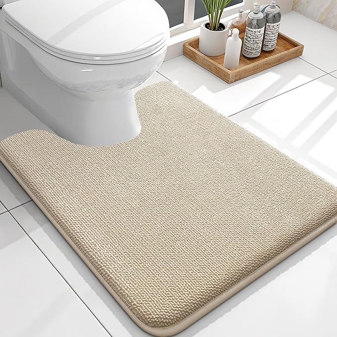 OLANLY Toilet Rugs U-Shaped 24x20, Extra Soft Absorbent Thick Memory Foam Contour Bathroom Rugs, Dry Quickly, Machine Washable, Non-Slip Toilet Bath Mat, Home Decor Accessories, Beige