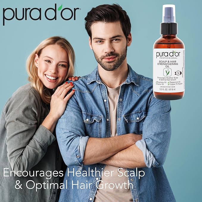 PURA D'OR 3.3 Oz Scalp & Hair Strengthening Oil - Supports Optimal Growth, Reduce Breakage, Nourish Roots for Healthier, Fuller, Thicker Hair - Rosemary, Castor & Peppermint Oil for Stronger Strands | Reduce Breakage, Nourish Roots, Healthier, Fuller, ...