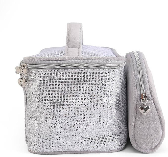 Juicy Couture Silver Sparkle Makeup Bag Set Cosmetics Organizer Travel Essentials Train Case Coin Purse Glitter Rhinestone Velour