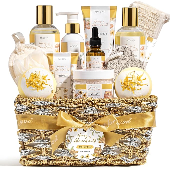 Birthday Gifts for Women, Honey & Almond Milk Relaxing Spa Gift Baskets for Women Self Care Package Bath Gift Set, Home Bath and Body Kit Pamper Valentines Day Gifts for Her Womens Mom Friends Sister