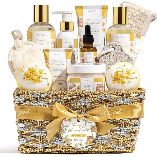 Birthday Gifts for Women, Honey & Almond Milk Relaxing Spa Gift Baskets for Women Self Care Package Bath Gift Set, Home Bath and Body Kit Pamper Valentines Day Gifts for Her Womens Mom Friends Sister