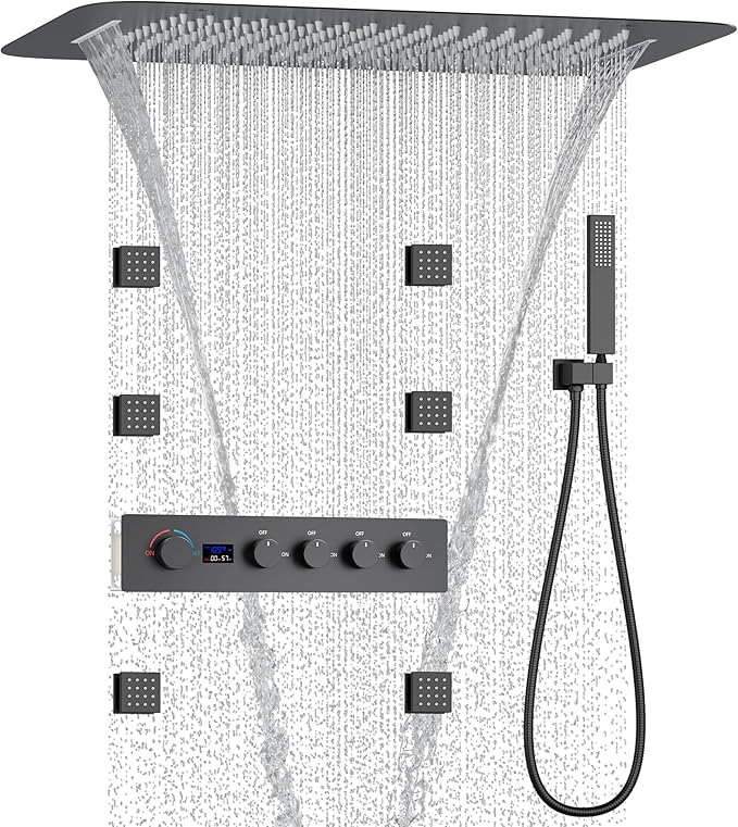 KATAIS Matte Black Shower System with Digital Temperature Display, 16x24 inch Ceiling Shower(Rain&Waterfall Modes), with 6 PCS Body Jet and Handheld Spray