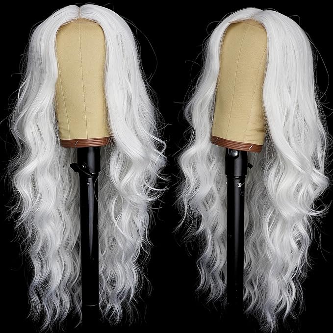 AISI HAIR White Wig for Women, Long Wavy Lace Hairline Middle Part Synthetic Wig for Daily Party-26 Inch