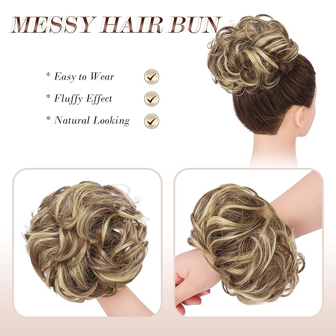 FESHFEN Large Messy Bun Hair Piece - Wavy Synthetic Chignon Scrunchies Elastic Ponytail Hair Extensions Thick Hairpieces for Women, Light Brown & Blonde 1.94oz