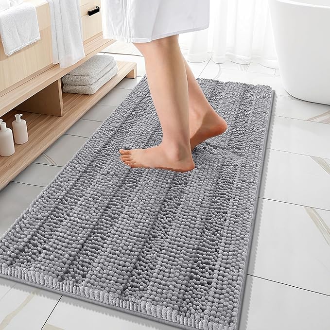 OLANLY Thick Bathroom Rugs 47x20, Extra Soft Absorbent Chenille Striped Bath Rugs, Rubber Backing, Machine Wash Dry, Bath Mats for Bathroom Floor, Tub and Shower, Home Decor Accessories, Grey
