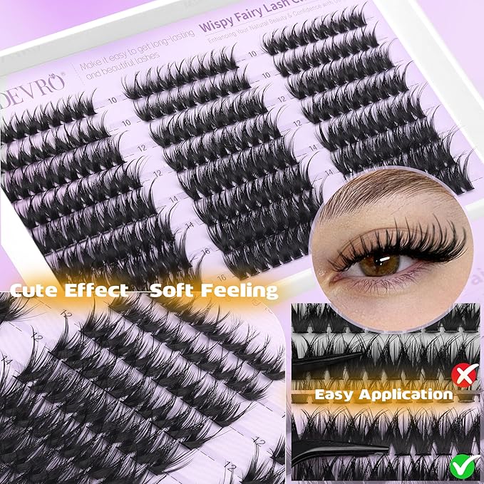 EYDEVRO Fairy Lash Clusters Kit Wispy Eyelash Clusters with Spikes 10-16mm Lash Extension Kit D Curvature Volume Cluster Eyelash Extensions Kit Individual Lashes Lash Bond and Seal Tweezers Brushes