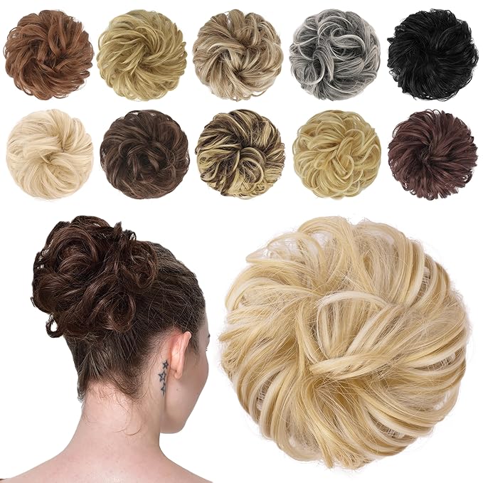 FESHFEN Messy Bun Hair Piece - Wavy Synthetic Chignon Scrunchies for Instant Volume, Elastic Bun Ponytail Hair Extensions Thick Hairpieces for Women, Champagne Blonde & White Blonde 1.50 oz
