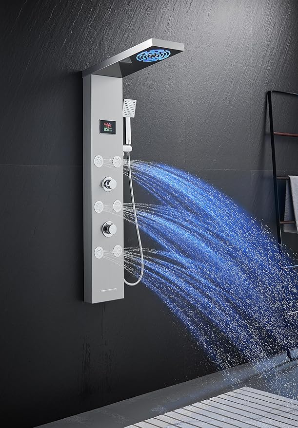 TSIBOMU Stainless Steel Shower Panel Tower System with LED lights(No battery need), Hydroelectric LED Rainfall Shower Tower System with 6 Pcs Body Jets, Brushed Nickel