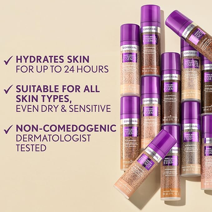 Covergirl Simply Ageless Skin Perfector Essence Foundation, 80 Deep, Tinted Skincare Makeup Hybrid, Sheer Tint, Radiant Finish, Glowy Finish, Vegan Formula, 1.0oz
