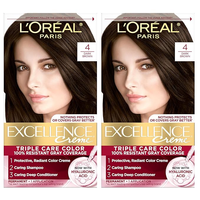 L'Oreal Paris Excellence Crème Permanent Hair Dye, Triple Care Hair Color with Hyaluronic Acid for 100% Gray Coverage, 4 Dark Brown, 1 Kit (Pack of 2) (Packaging May Vary)