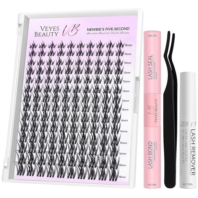 VEYESBEAUTY Lash Clusters Kit Eyelash Extensions Thin & Invisible Band Individual False Eyelashes Newbie's Five-Second Series Wispy Lash Tray for Self-application, Camellia Lashes 8-18mm Mixed Length
