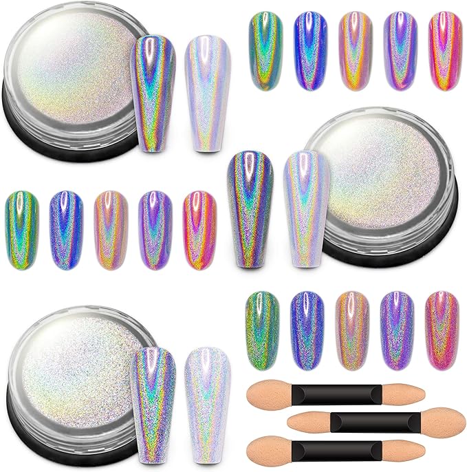 Artdone 3jars Holographic Chrome Nail Powder 1Gram Each, Unicorn Holo Rainbow Mirror Effect 20um 35um 65um Nail Pigment kit For Gel Polish Nail Art crome Set