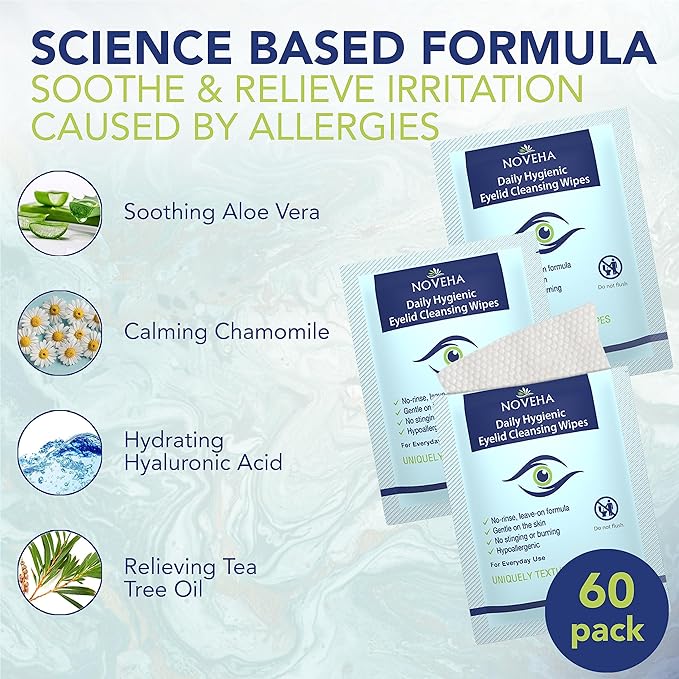 NOVEHA 60PCs Daily Hygienic Eyelid & Lash Wipes | For Blepharitis & Itchy Eyes, Demodex | Individually Wrapped Refreshening Eyelid Wipes, Natural Makeup Remover & Calming Moisturizer