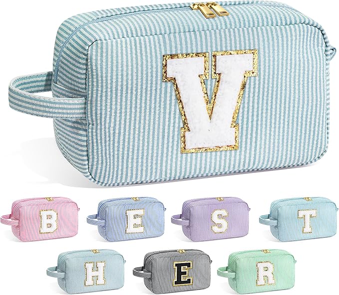 YOOLIFE Initial Makeup Bag for Women - Monogram Cute Makeup Bag Cosmetic Case Toiletry Pouch for Women Her Best Friend Sister Teacher, Personalized Birthday Gifts for Women, Green V
