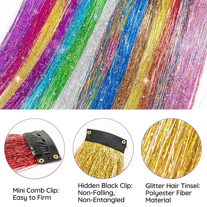 Clip In Tinsel Hair Extensions 14 Colors, 19.7 Inch Glitter Fairy Hair Tinsel Kit Clips, Sparking Hairpieces Colorful Hair Accessories for Girls Women Kids Gift Party Favors Highlights