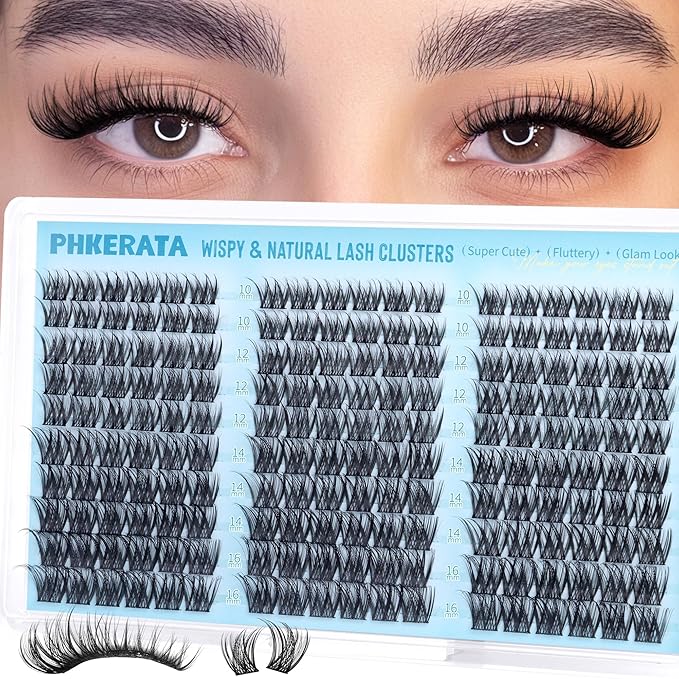 Wispy Lash Clusters Naural Eyelash Clusters Extensions C Curly Individual Lashes Clusters DIY Eyelash Extension with Wide Soft Thin Band,10-16MM,180Pcs