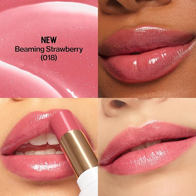 REVLON Super Lustrous Glass Shine Balm, Hydrating Tinted Lip Balm with Hyaluronic Acid, Aloe & Rose Quartz, Medium Pink Lipstick, NEW Shade, 018 Beaming Strawberry, 0.11 oz