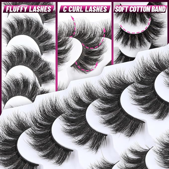 Veleasha False Eyelashes Wispy Faux Mink Lashes Fluffy Handmade Fake Eyelashes Natural Look 7 Pairs Pack Luxury Cat Eye Lashes (801)